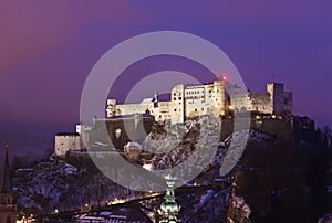 City and castle Hohensalzburg at sunset