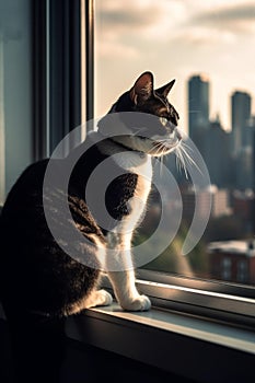 City Cat Gazing at Golden Hour Skyline