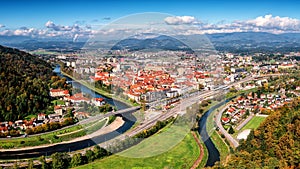 City of Celje in Slovenia, aerial view from old castle, amazing landscape, outdoor travel background