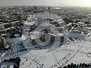 city center Kazan Tatarstan. Agricultural Palace Aerial drone view. Flying over.