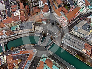 City center of Ljubljana with the river Ljubljanica and the triple bridge Tromostovje, Slovenia