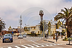 City center of Swakopmund with road trafic and german colonial b