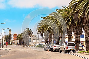 City center of Swakopmund with road trafic and german colonial building, Namibia