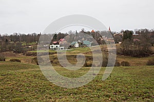 City Cesis, Latvia. City meadow and buildings.Travel photo