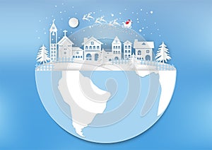 City for Christmas with Snowflake and Santa. vector illustration paper art style