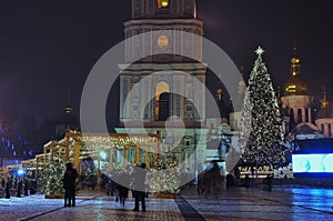 City Christmas tree, night view of the St. Sophia Cathedral