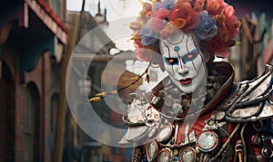 In the city, a clown cyborg robot entertains