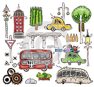 City Collection, transport, trees, road marks and house