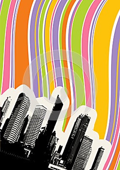 City with colorful rainbow. Vector
