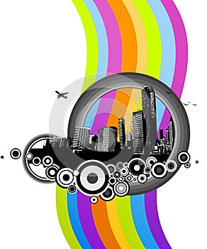 City with colorful rainbow. Vector