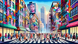 City of Colors Murals of Diversity and Acceptance. Pedestrians of various ethnicities genders ages and abilities walk the streets