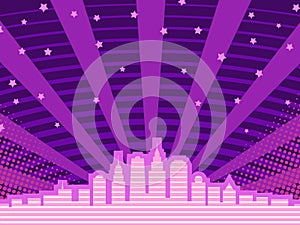 City comic book style background, big city skyline, halftone pattern