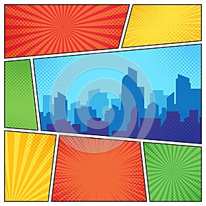 City on comic page. Comics book frames composition on strip halftone background. Cartoon books vector template layout photo