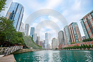 City commercial center of high-rise architecturally modern buildings surrounding Chicago River