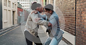 City, conflict and men in fight with violence, battle and disagreement with punching, aggression and self defence