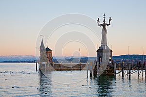 The city of Constance on Lake Constance, harbor with Imperia statue and light house, Germany