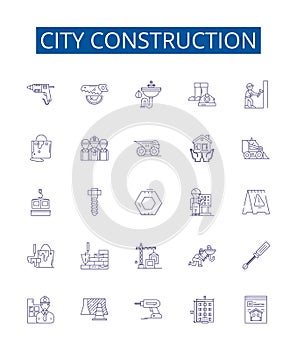 City construction line icons signs set. Design collection of Urbanism, architecture, infrastructure, edifice