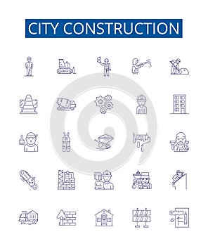 City construction line icons signs set. Design collection of Urbanism, architecture, infrastructure, edifice