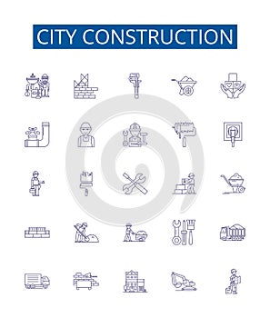 City construction line icons signs set. Design collection of Urbanism, architecture, infrastructure, edifice