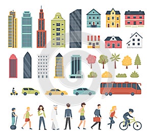 City constructor elements in cartoon style with trees, houses, transport and peopple. Cityscape modern architecture photo