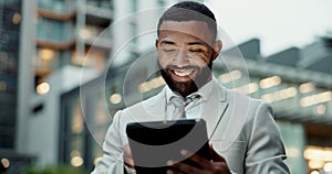 City, corporate and business black man on tablet for communication, typing email and connection. Professional, urban