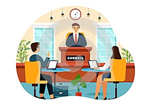 City Council Meeting Vector Illustration with Effective Business Team, Employee, Brainstorming for Important Negotiation