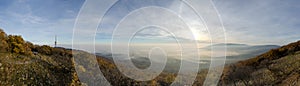 The city is covered with fog. Panorama from the viewpoint