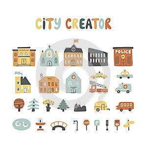 City creator with houses, cars, animals, trees, road signs and etc