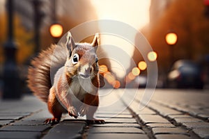 City critter squirrel navigates the urban landscape with a blurred background