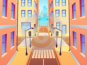 City crossroad with crosswalk. Urban intersection traffic lights, town street crossroads and road junction cartoon vector