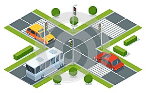 City crossroad isometric view with road markings, traffic lights pedestrian zebra crossing and cars. Urban traffic map
