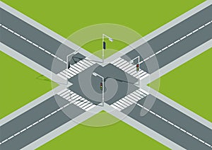 City crossroad isometric view with road markings, traffic lights pedestrian zebra crossing. Urban traffic map for