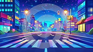 City crossroad at night, zebra crossing with glowing streetlamps, urban architecture, infrastructure, megapolis with
