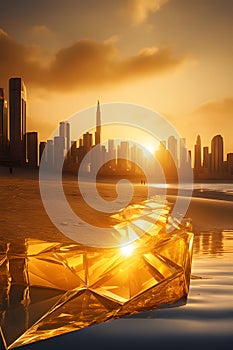 city in crystal amber resting on the beach illuminated by the rays of the rising sun generative ai