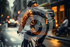 City cyclist, backpack laden delivery rider, speeds through urban streets