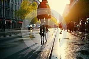 City cyclists in motion Pedaling through streets, part of cityscape