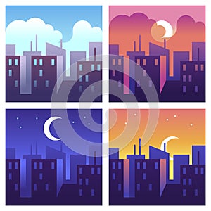 City day times. Morning and noon, evening and night cityscape, buildings and skyscrapers at different time, urban