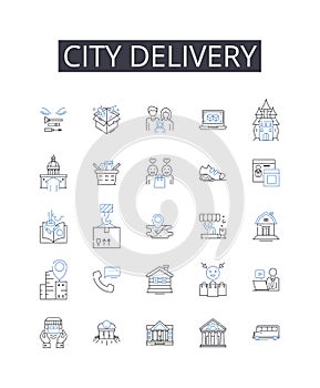 City delivery line icons collection. Urban courier services, Package drop-off in the town, Downtown parcel delivery