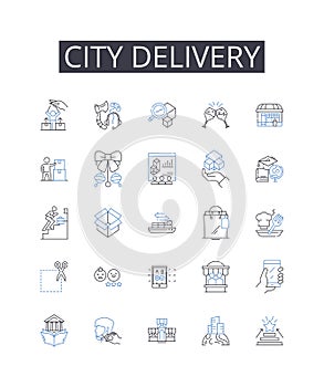 City delivery line icons collection. Urban courier services, Package drop-off in the town, Downtown parcel delivery