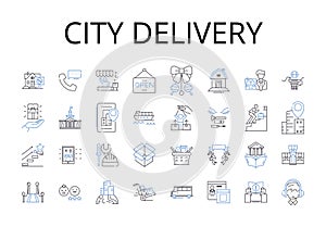 City delivery line icons collection. Urban courier services, Package drop-off in the town, Downtown parcel delivery