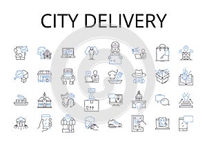 City delivery line icons collection. Urban courier services, Package drop-off in the town, Downtown parcel delivery