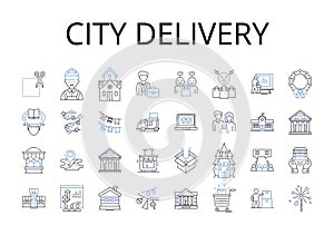 City delivery line icons collection. Urban courier services, Package drop-off in the town, Downtown parcel delivery