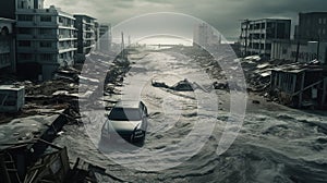 A city destroyed by Tsunami waves in a disaster, with flooded streets, cars carried by waves and damaged buildings