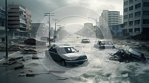 A city destroyed by Tsunami waves in a disaster, with flooded streets, cars carried by waves and damaged buildings