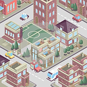 City district in isometric 3d style. Vector town. Set of buildings, houses, townhouses, multi-family homes, shop, bar, school, hos