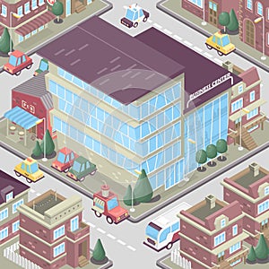 City district in isometric 3d style. Vector town. Set of buildings, houses, townhouses, multi-family homes, shop, bar, school, hos