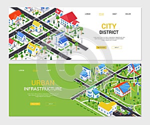 City district - set of colorful isometric web banners