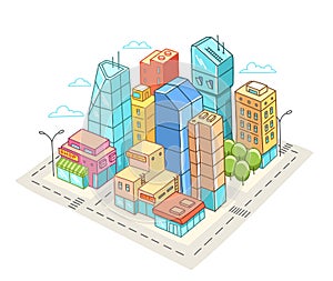 City district square. Locality area. Bright color colorful sketch. Hand drawn flat vector line. Volumetric isometric