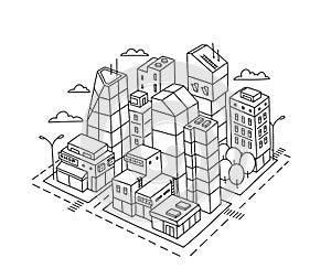 City district square. Locality area sketch. Hand drawn vector line. Isometric view. Contour illustration.