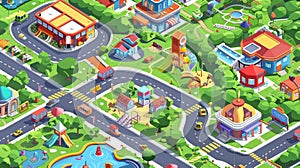 City district with urban architecture, vehicles on streets and an eco park. Modern illustration of a modern town with an eco park